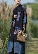 Cárdigan largo de patchwork de mezclilla bordada negra de talla grande para otoño
